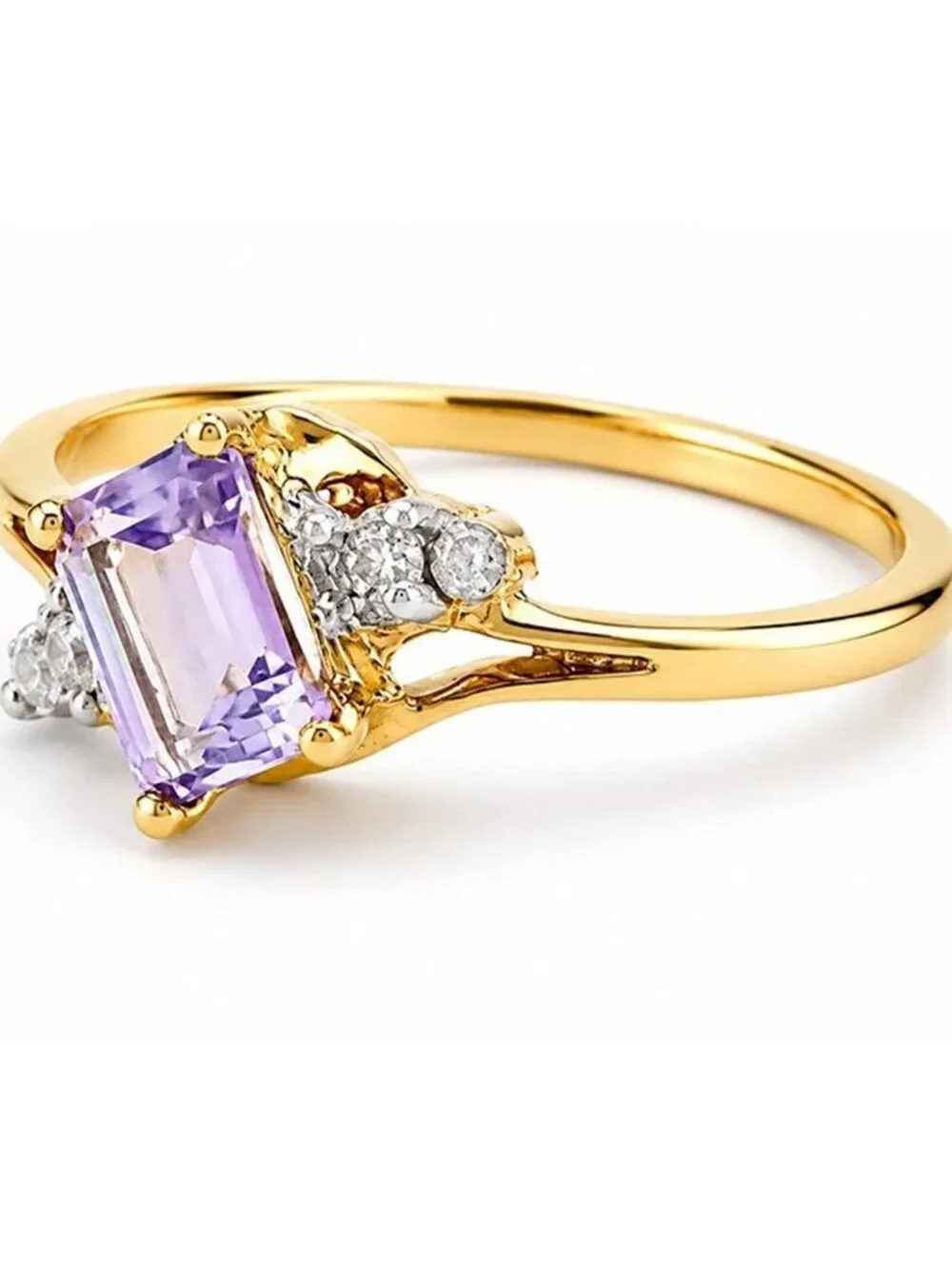 Genuine 1.46 Cts Amethyst & Diamonds Ring 10k Yellow Gold